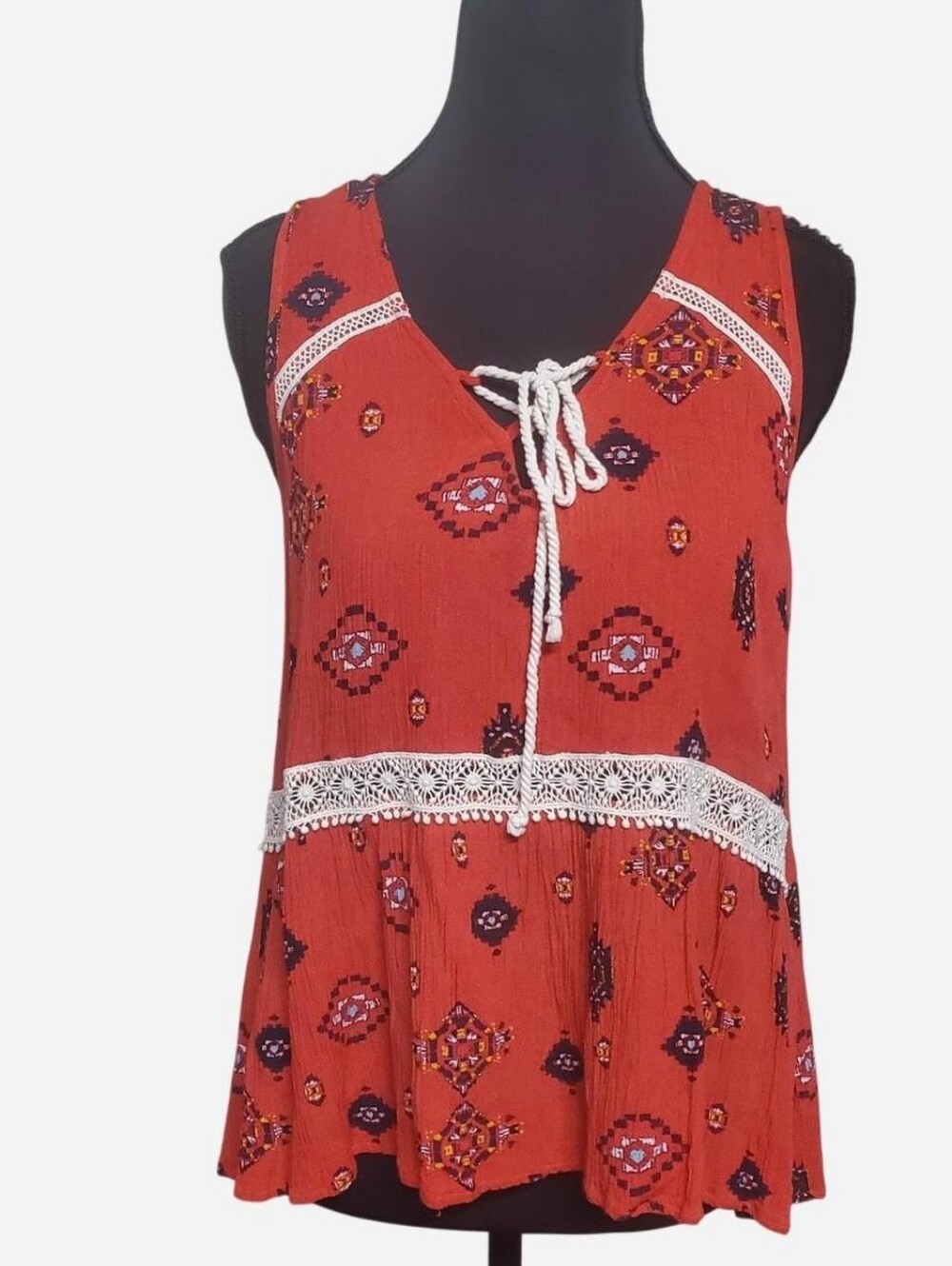 Mossimo Boho Top Womens Small Orange Rust Tie And Lace Trim Accent Y2k Festival